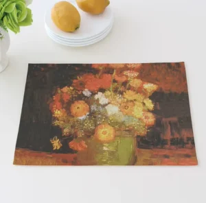 Eco Friendly Natural Linen Cotton Blend Placemats with Van Gogh Irises Painting Custom Artwork Tableware Mat for Dining Room