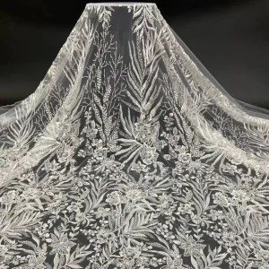 Eco Friendly Nonwoven Sequin Embroidered Beaded Net Lace Wedding Dress Fabric White