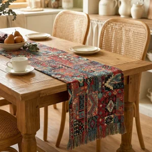 Eco Friendly Polyester Cotton Woven Vintage Geometric Tassel Table Runner