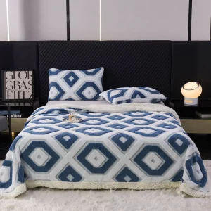 Eco-Friendly Printed All-Season Geometric Jacquard Lattice Taffeta Fleece Lamb Wool Double Layer Soft Throw Bedding