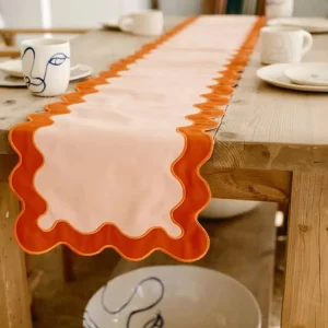 Eco friendly 100% Linen Table Runner with Double line Embroidery Scalloped Wedding Christmas Table Runner
