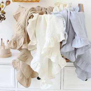 Eco friendly 200TC All Season Baby Flounces Ruffle Cotton Muslin Swaddle Blanket Bath Towel Ruched Wrap Crib Stroller