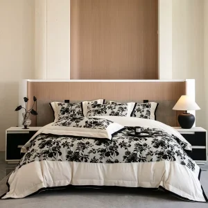 Egyptian Cotton Black White Printed 4 Pieces Bedding Set Duvet Cover Fitted Sheet Pillowcases Soft Breathable Bed Linen