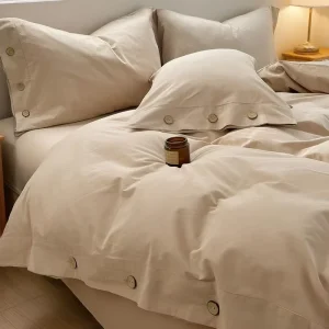 Egyptian Cotton Retro Button Design Washed Cotton Three Piece Set Soft Smooth Durable Sweat Absorbing Duvet Cover Set for Home