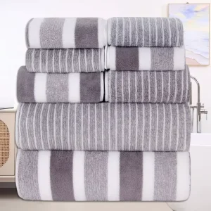 Eight piece Cross border Coral Fleece Plain Weave Wide Strip Set Towel Face Towel Bath Towel Absorbent Striped Adult Face Towel