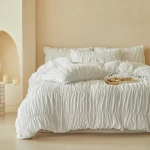 Elastic Ruffle Pleated 3D Striped Duvet Cover Set Soft Textured Bedding Available in White Khaki Gradient Purple & Lavender