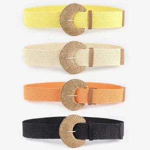 Elastic Straw Woven Waist Belt for Women Boho Summer Dress Braided PP Raffia Wide Girdle with Crescent Moon Shape Wooden Buckle