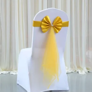 Elastic Wedding Bow Chair Back Flower Sashes Hotel Banquet Wedding Mesh Streamer Decoration Chair Cover