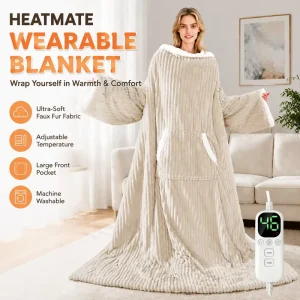 Electric Throw Blanket Sherpa Fleece Washable 12 Heating Levels Wearable Blanket with Foot Pocket for Office Sofa