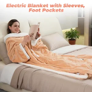 Electric Wearable Heated Blanket with Foot Pockets & Sleeves Throw Heating Blanket for Sofa & Bed 12 Heat Settings