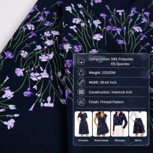 Elegant 220GSM Polyester Spandex Floral Interlock Knit Textile Anti Static Soft Drape for Dresses Upholstery and Home Textiles