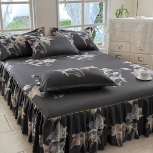 Elegant Black Plant Printed Big Flower Pattern Luxury Durable Breathable Bed Skirt Sheet Soft Polyester Bedding