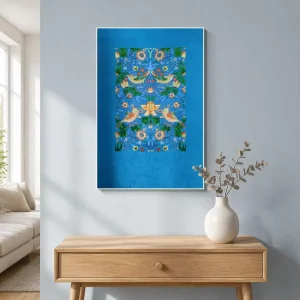 Elegant Blue Background Symmetric Bird Strawberry Floral Jacquard Woven Tapestry Exquisite Weaving Craft Wall Art for Home Decor