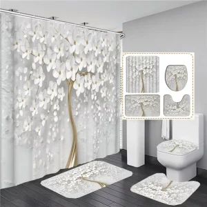 Elegant Bouquet of White Flowers 3D Style Shower Curtain Bathroom Curtain with Bath Rug Carpet Set Floral Home Decor