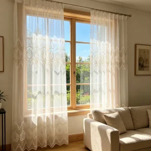 Elegant Classic Style Embroidery Windproof Embroidered Gauze Curtains Fabric for Dining Room French Window Treatment