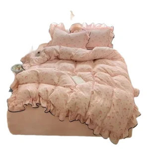 Elegant Cream Ruffle Decor Washed Cotton Double Gauze Bedding Set Cloud Soft Washed Cotton Duvet Cover Set