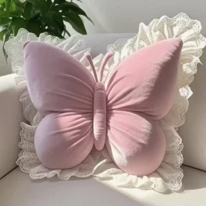 Elegant Decorative Throw Pillow Cute Lace Butterfly Soft Velvet Washable Cushion for Living Room Pink Cushion