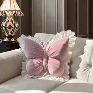 Elegant Decorative Throw Pillow Cute Lace Butterfly on Soft Velvet Washable Cushion for Living Room