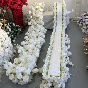 Elegant Floral Artificial Silk White Flower Table Runner for Wedding Arrangements Decorations