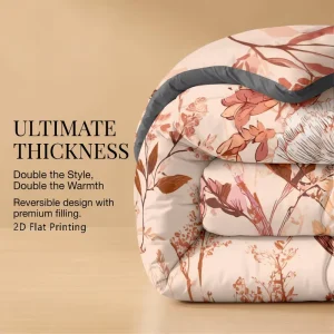Elegant Floral Print Reversible Bedding Comforter Set 3pcs Dual Tone Washable Fluffy Winter Quilt For Home Decor