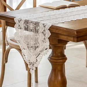 Elegant French Style Pure White Lace Table Runner with Integrated Tablecloth for Wedding Party Banquet Home Dining