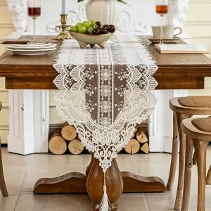 Elegant French Style Pure White Lace Table Runner with Integrated Tablecloth for Wedding Party Banquet Home Dining
