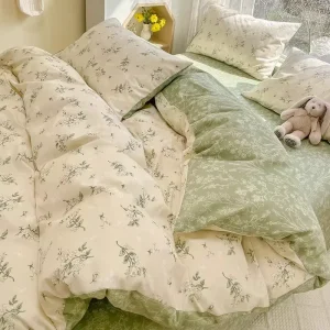 Elegant Fresh Plant Pattern Pure Cotton Bedding Set with 300tc Thread Count Breathable Duvet Cover Fitted Sheet