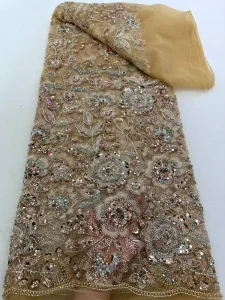 Elegant High Quality French Lace Fabric with Handmade Beads and Sequined Mesh for Wedding and Party Dress Design