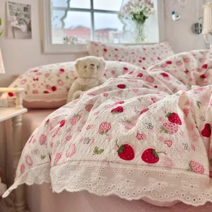 Elegant Lace Trimmed Puff Gauze Bedding Set ClassA Breathable Skin Friendly 4 Piece Duvet Cover Set