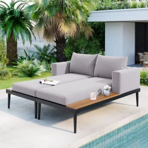 Elegant Modern Comfortable Grey Daybed Wood Topped Side Spaces 2 in 1 Padded Chaise Outdoor Lounge Chair for Poolside