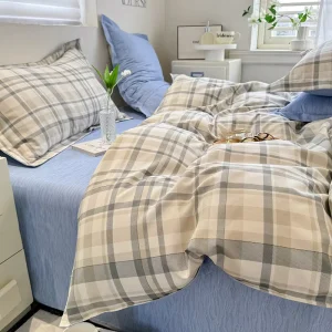 Elegant Plaid Design King Size 4 Piece Duvet Cover Set Classic Bedding for Home Use