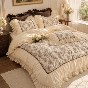 Elegant Ruffled Floral Bedding Set Cream Duvet Cover Set with Brown Piping and Matching Pillowcases