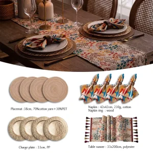Elegant Rustic Bohemian Floral Table Runner Set with Tassels Vintage Style Cloth Napkins & Wooden Napkin Rings for Dining Decor