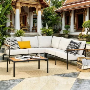 Elegant Teak Wood Outdoor Sofa Set With Geometric Pattern Pillows Low Maintenance Garden Furniture for Modern Villa Courtyard