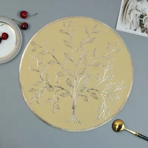 Elegant Tree of Life Hollow Round PVC Placemat Foldable Non Slip Table Mat for Christmas Easter Family Dinner Apartment Decor