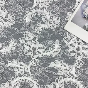 Elegant Tulle Sequin Selt Embroidered Non-Elastic Polyester Flower Pattern Mesh Lace Fabric for Wedding Bridal Dress