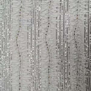 Elegant White Willow Leaf Sequin Lace Fabric Stripe Embroidery Tulle for Minimalist Bridal Dresses Ceremony Gowns Fabric
