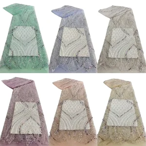 Elegant Women Clothing Exquisite Beaded Lace Fabric with Sequins Tulle for Wedding Dresses Accessories Woven Techniques