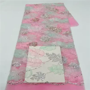Elegant high quality French lace fabric with handmade beads and sequined mesh for wedding and party dress design