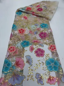 Elegant high quality French lace fabric with handmade beads and sequined mesh for wedding and party dress design