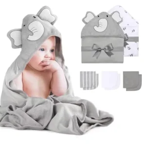Elephant Hooded Baby Towel 8-Piece Set 2 Towels 6 Washcloths Travel Use Soft Cozy Newborns Infants Toddlers Unisex Gift