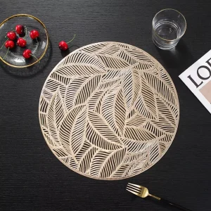 Embossed Hollow Interlaced Palm Leaf Round PVC Placemat Electroplated Champagne Gold Silver Rose Gold Copper