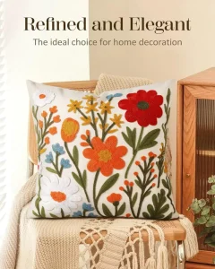 Embroidered Canvas Square Throw Pillow Cover 45x45cm Art Deco Wrinkle-Resistant Flower Cluster Pattern Zipper Closure Home