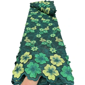 Embroidered Cotton Guipure Cord Lace Fabric with Stones Green Water Soluble Lace for Women Dress
