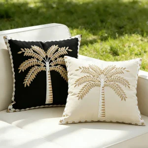 Embroidered Cushion Cover with Coconut Tree Pattern Vintage Floral Cotton Linen Throw Pillow Cover for All Seasons