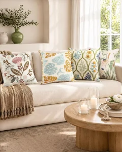 Embroidered Floral Canvas Throw Pillow Cover 18×18 Inch Summer Decorative Farmhouse Invisible Zipper Couch Sofa Bed