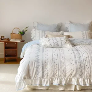 Embroidered French Lace Ruffle Bedding Set Pink