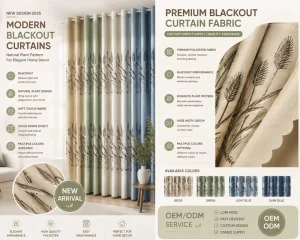Embroidered Reed Pattern Blackout Curtain Fabric for Living Room and Bedroom