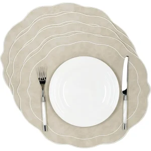 Embroidered Scalloped Faux Leather Placemats Set Heat Resistant Vinyl Place Mats Reversible Table Mats for Kitchen Dining Decor