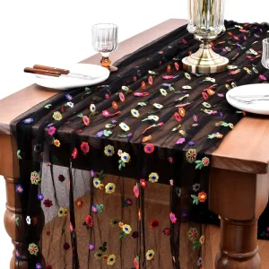 Embroidered Table Runner Spring Summer Floral Tulle Trim Table Runner Flowery for Home Dining Wedding Party Indoor Decoration